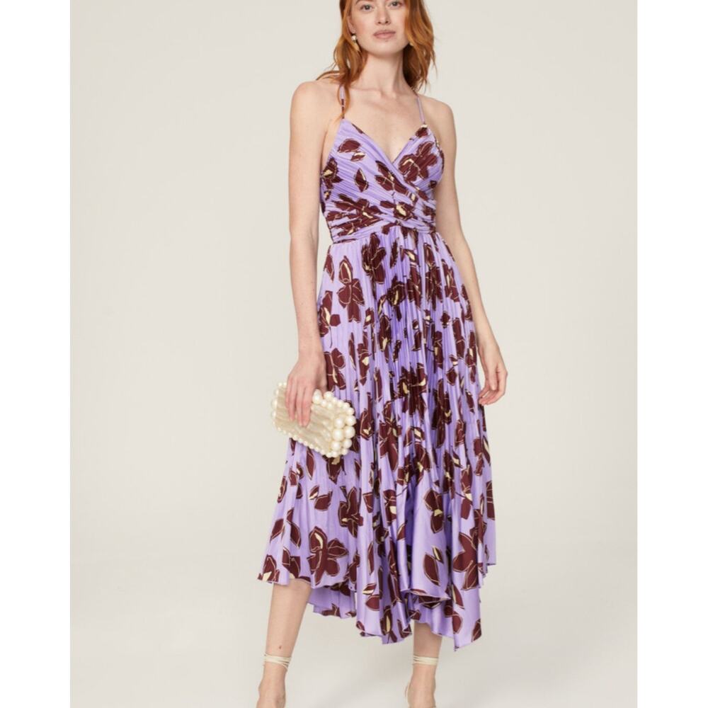 Jonathan Simkhai Portia Pleated Floral Satin Midi Dress Purple